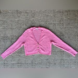 J. Crew Candy Pink Supersoft Wool Cableknit Crop V‎ Neck Cardigan Gold Buttons